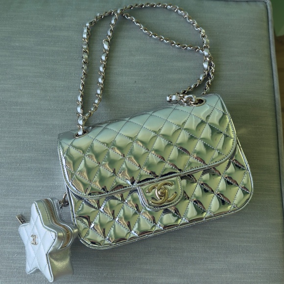 Chanel Matelasse Patent Leather Single Flap Double Chain Bag Star Silver Gold Me - Picture 1 of 5
